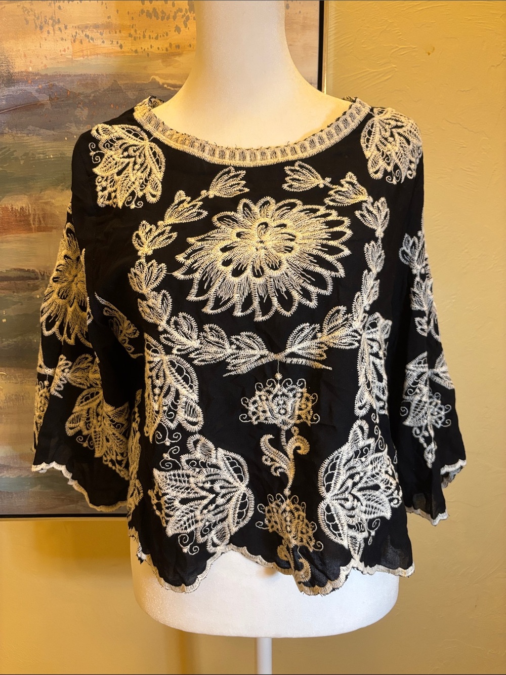 Black Embroidered Floral Boho Top with White Threadwork